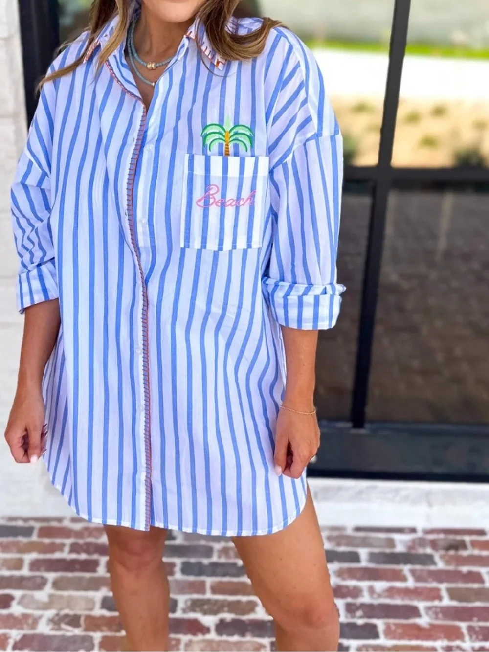 Shiraleah Blue & White Striped beach Shirt Dress with Embroidery large